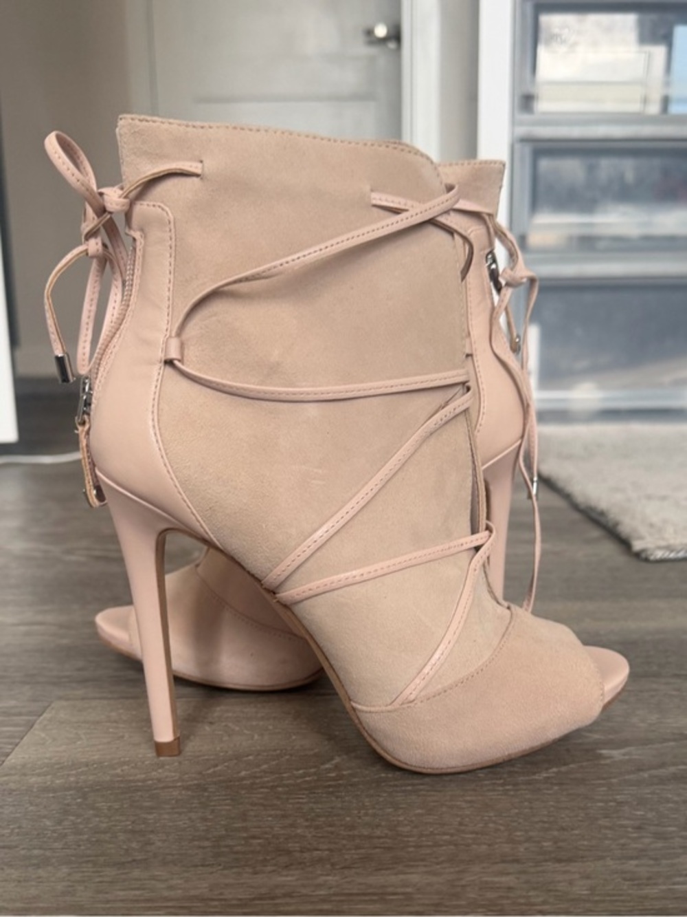Guess Lace-Up Peep Toe Stiletto Booties - Blush
